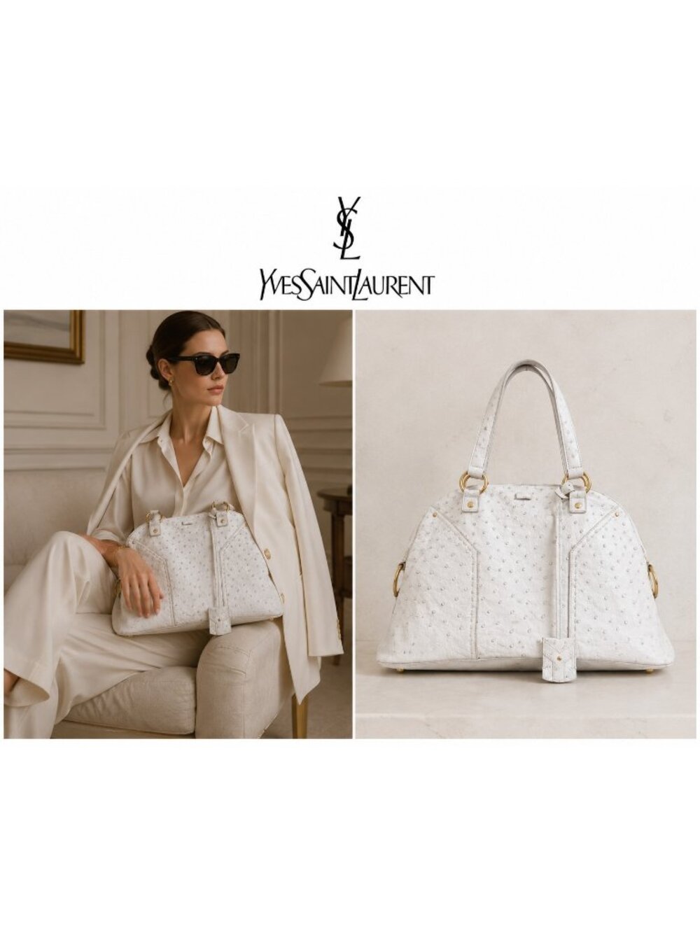 Yves Saint Laurent YSL Muse Large Genuine Ostrich Leather White Rive Gauche Bag